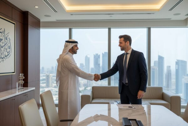 a Qatari Arab man and a pro agent shaking hand, on Qatar luxury office,