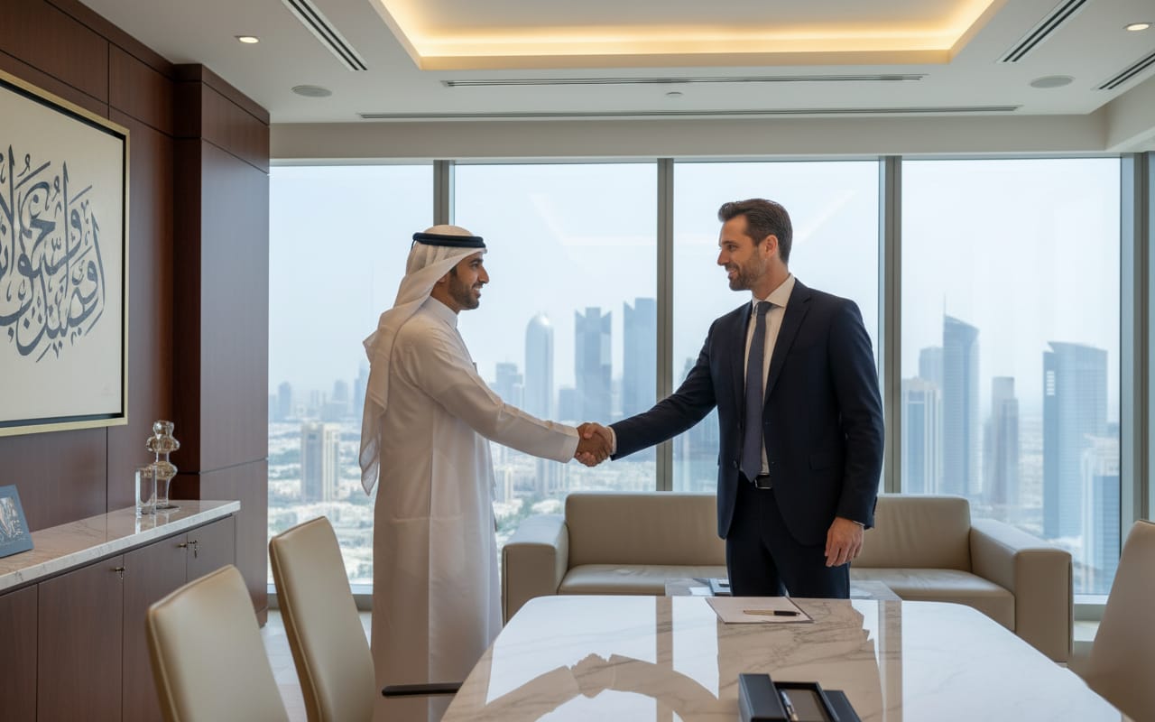 a Qatari Arab man and a pro agent shaking hand, on Qatar luxury office,
