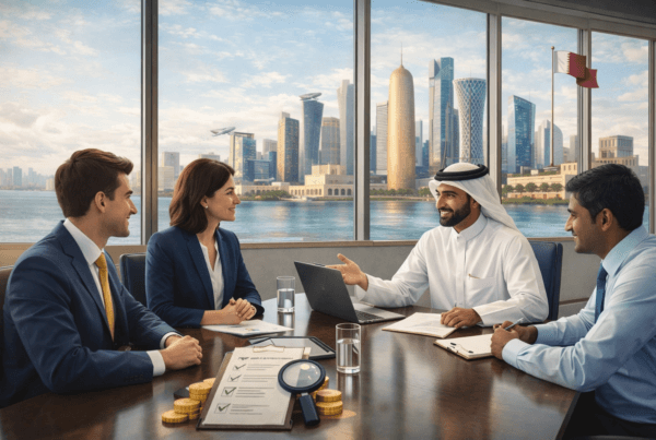 a qatar office view of skyline qatar, staff and qatari owner sitting and discussing, wide realistic image, improve for website