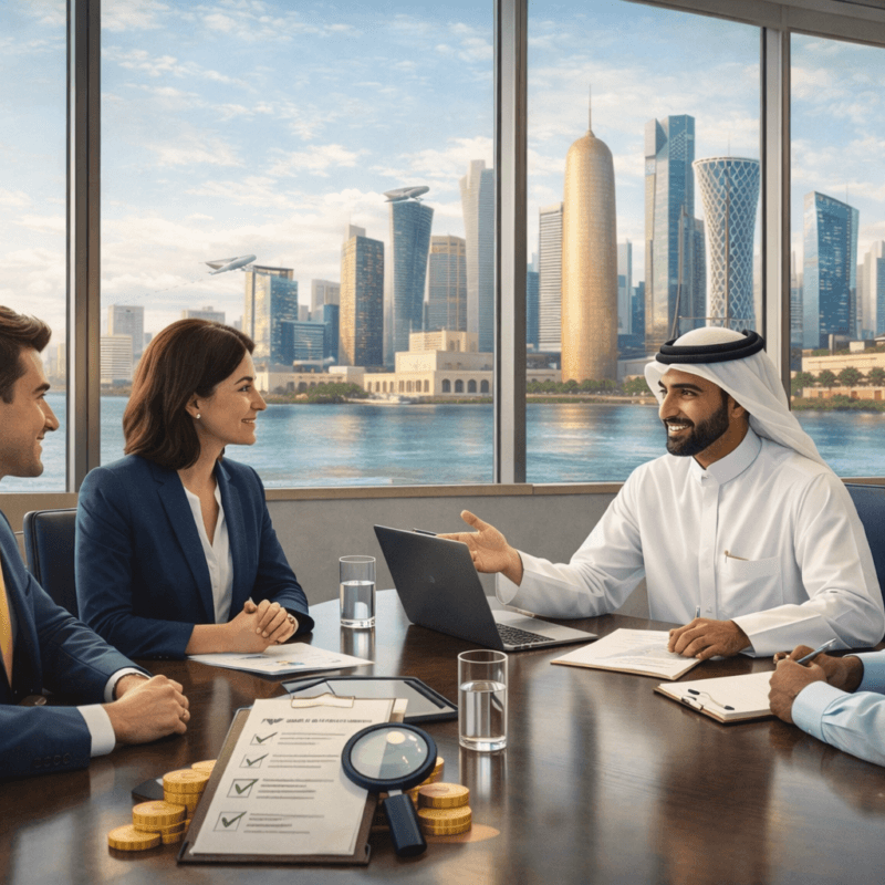 a qatar office view of skyline qatar, staff and qatari owner sitting and discussing, wide realistic image, improve for website