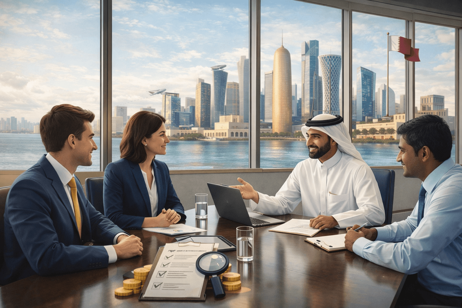 a qatar office view of skyline qatar, staff and qatari owner sitting and discussing, wide realistic image, improve for website