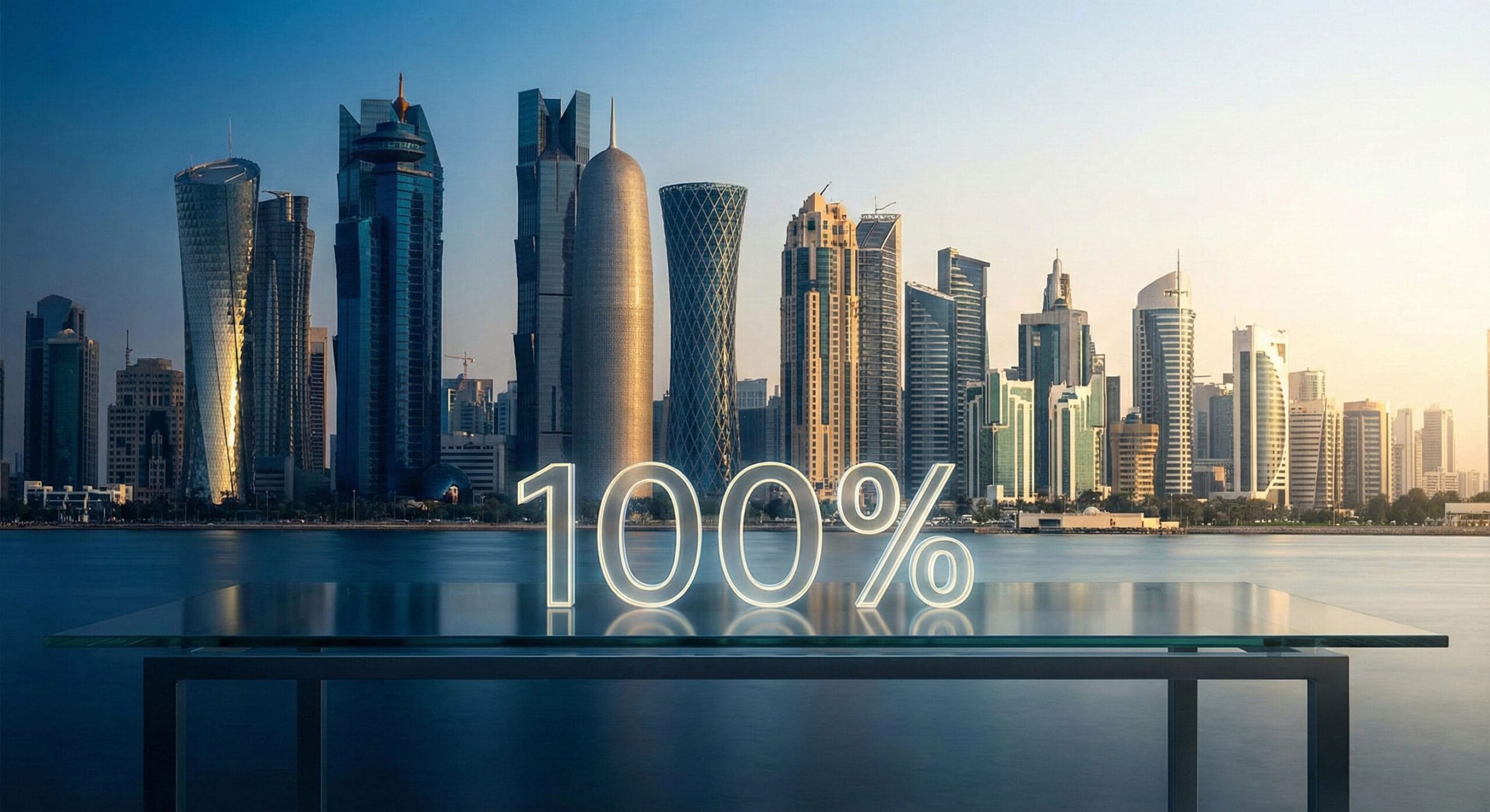 A corporate photograph of the futuristic Doha, Qatar skyline at sunrise, featuring a glowing "100%" text graphic on a glass desk in the foreground, symbolizing 100% foreign business ownership.