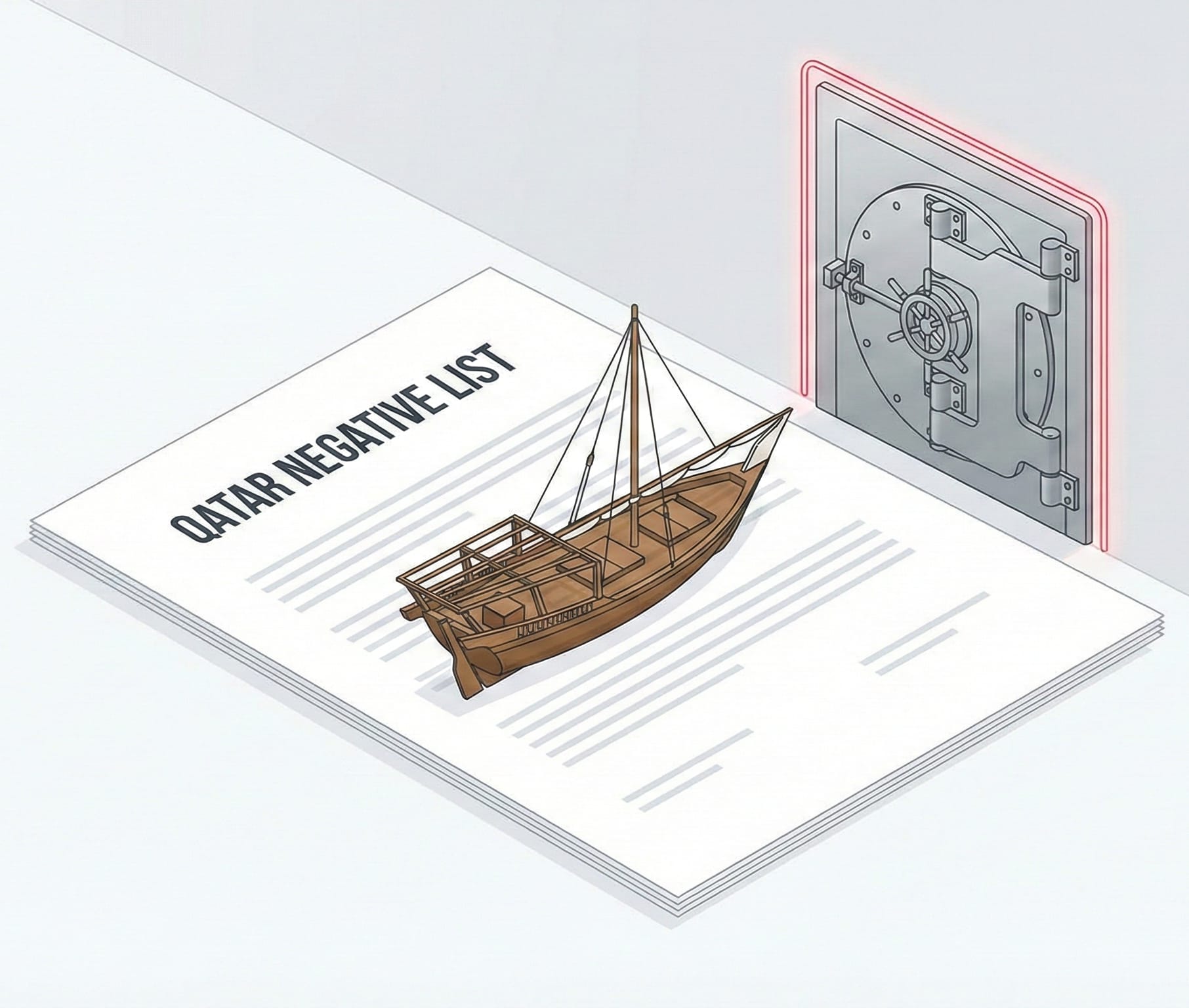 A conceptual illustration showing a document titled "Qatar Negative List" with a traditional wooden dhow boat, placed in front of a locked bank vault door, representing sectors where a Qatari partner is still required.