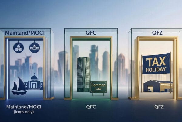 A minimalist corporate infographic of three separate illuminated gateways made of glass and polished gold, set against a softly blurred Doha skyline. The gateways visually represent the three distinct business paths in Qatar: Mainland/MOCI (deep blue), QFC (deep green), and Free Zones (gold). Soft directional dawn lighting.