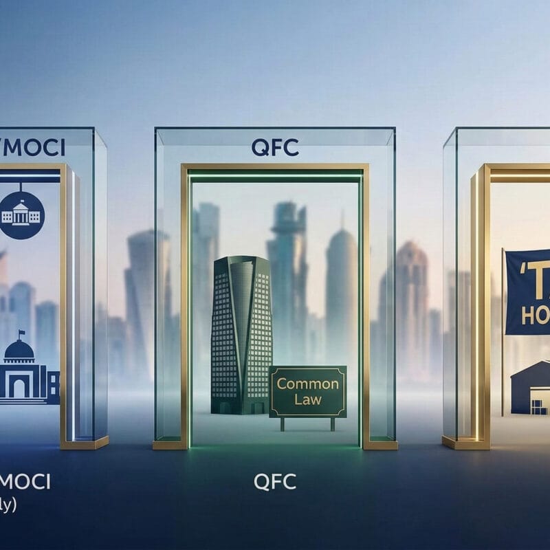 A minimalist corporate infographic of three separate illuminated gateways made of glass and polished gold, set against a softly blurred Doha skyline. The gateways visually represent the three distinct business paths in Qatar: Mainland/MOCI (deep blue), QFC (deep green), and Free Zones (gold). Soft directional dawn lighting.