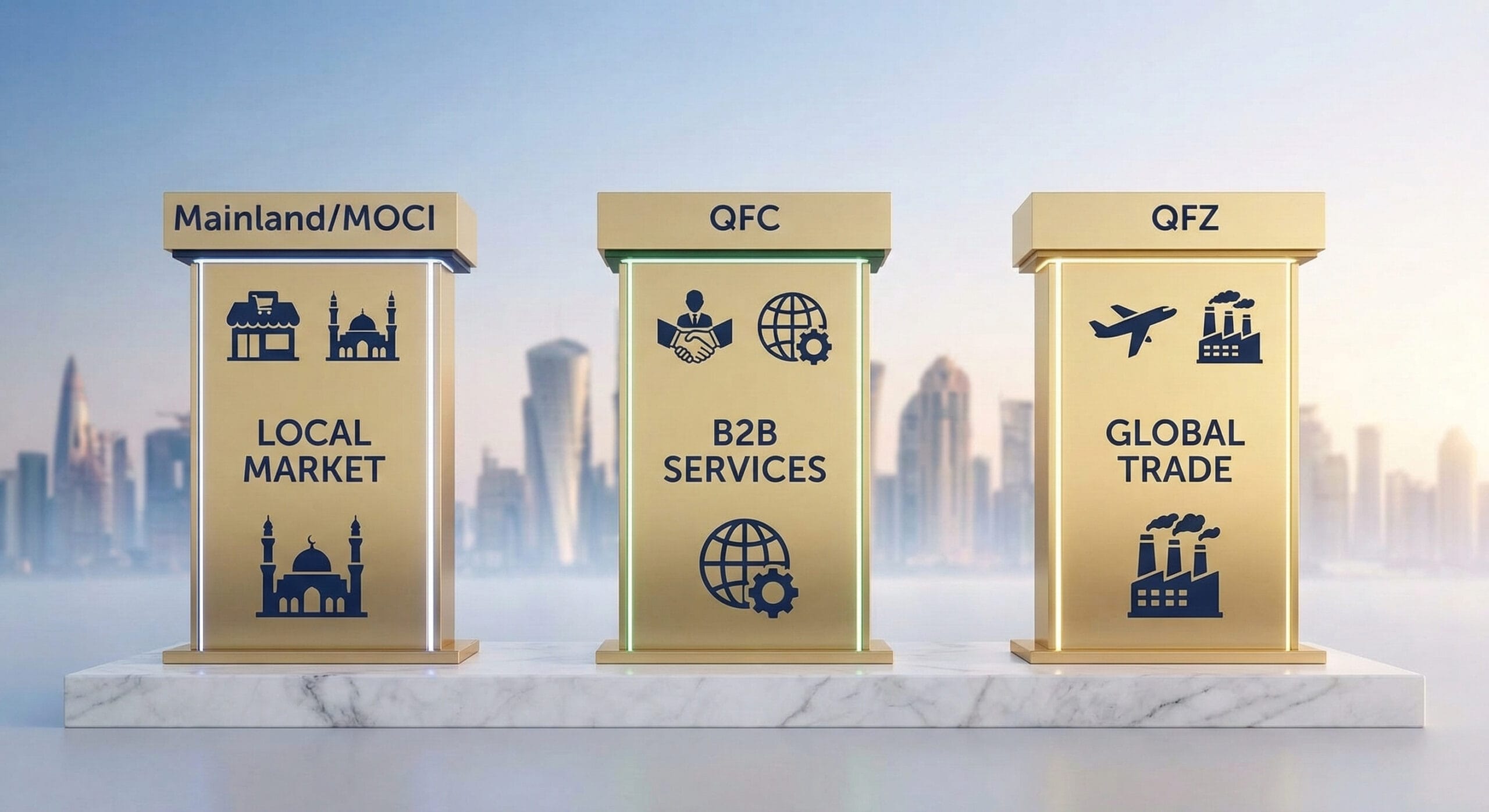 A modern infographic illustration of three distinct, polished gold pillars on a white marble base against a sunlit Doha cityscape. Minimalist icons only identify each pillar's purpose: Mainland (Retail/Mosque icon for local market), QFC (Handshake/Globe for B2B services), and QFZ (Plane/Factory for global trade). Clean vector art, corporate deep blue, gold, and white palette. Soft directional lighting.