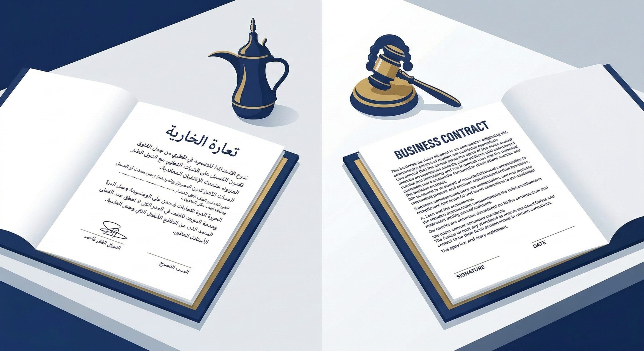A modern, flat-lay illustration of two open business contracts on a clean, split desk surface. The contrast is sharp and clean, designed within a corporate deep blue, gold, and white palette. The contract on the left (Mainland/MOCI side) is written in Arabic calligraphy with a traditional Qatari coffee pot (Dallah) icon. The contract on the right (QFC side) is written in clear English with a British common law gavel and wig icon. Minimalist vector art with soft, directional light.