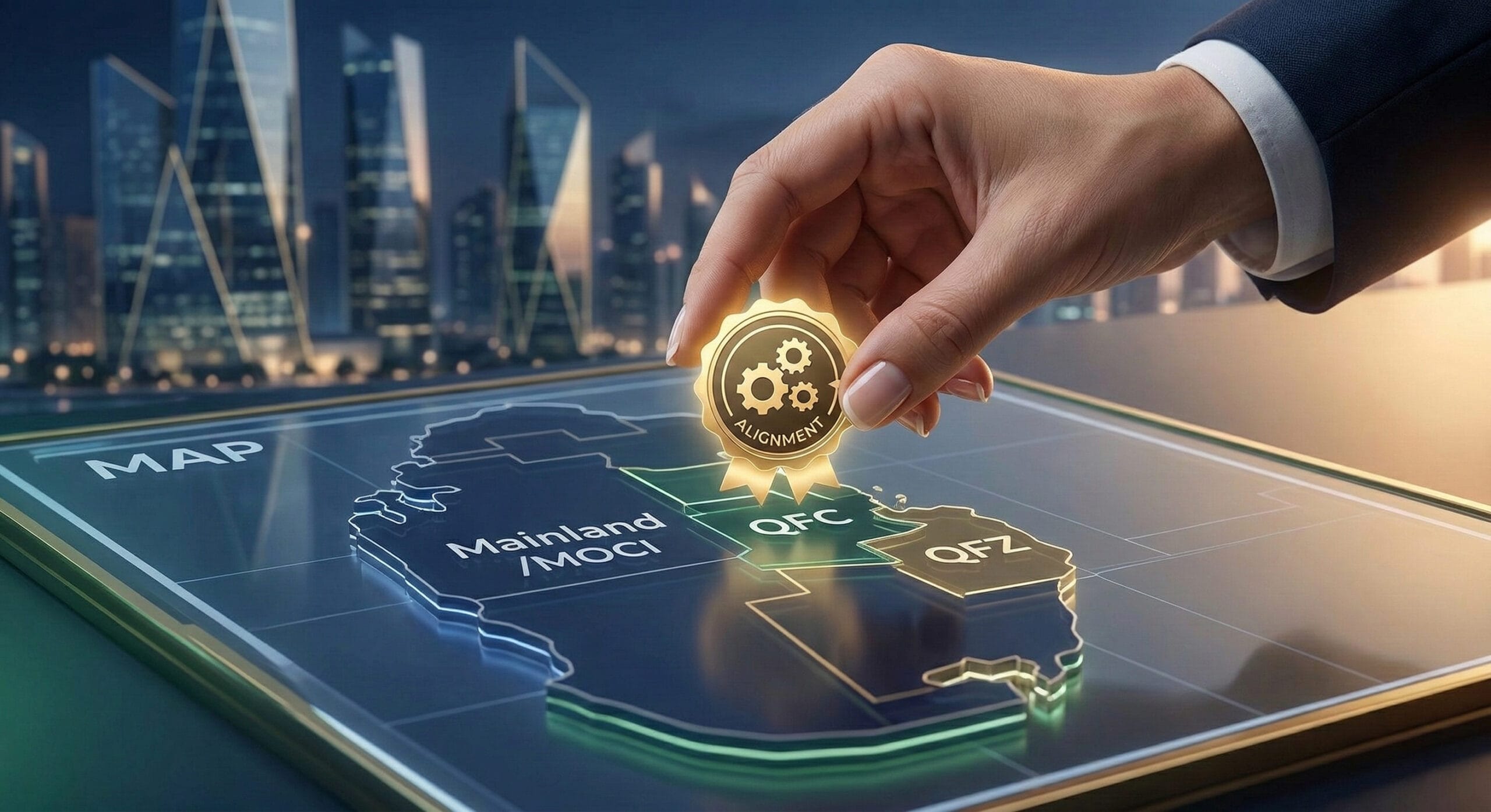 A photorealistic close-up image of a professional consultant's hand (neatly manicured) placing a glowing golden company seal badge onto a translucent, illuminated 3D blueprint or MAP of Qatar's business zones. The map uses subtle deep blue, green, and gold light accents. The badge has gears and a clean visual 'ALIGNMENT' indicator. Background is a soft-focus futuristic Doha city skyline at night with cinematic light. High trust corporate aesthetic.