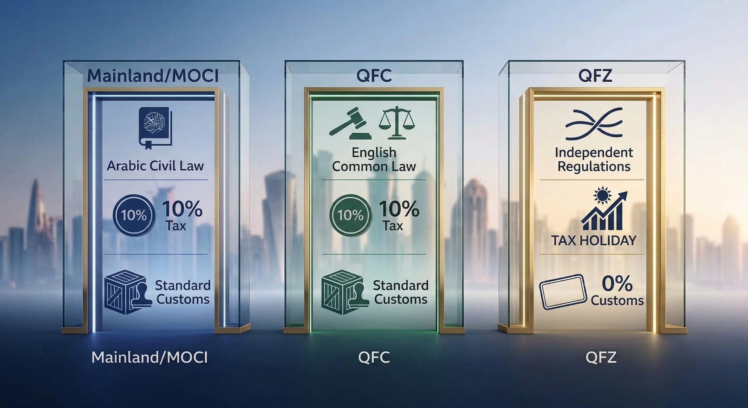 A photorealistic infographic chart rendered in glass and polished gold, diseñed in a professional blue, gold, and white palette against a sunlit Doha cityscape. It is split into three data streams with visual values: Mainland (Arabic Civil Law calligraphy book, 10% Tax coin, Standard Customs stamp), QFC (English Common Law gavel/scale, 10% Tax coin, Standard Customs stamp), and QFZ (Independent Regulations flowing lines, TAX HOLIDAY chart, 0% Customs stamp). Soft directional lighting.