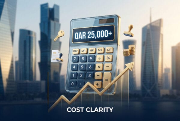 A sophisticated, minimalist corporate infographic showing a floating glass and polished gold calculator set against a subtly blurred sunlit Doha skyline. The calculator screen displays a bold glowing 'QAR 25,000+'. Small 3D icons for a golden key, stamped document, and stacked coins float nearby, and a stylized golden line graph rises with the label 'COST CLARITY'. Deep blue, white, and gold color palette. Photorealistic corporate aesthetic.