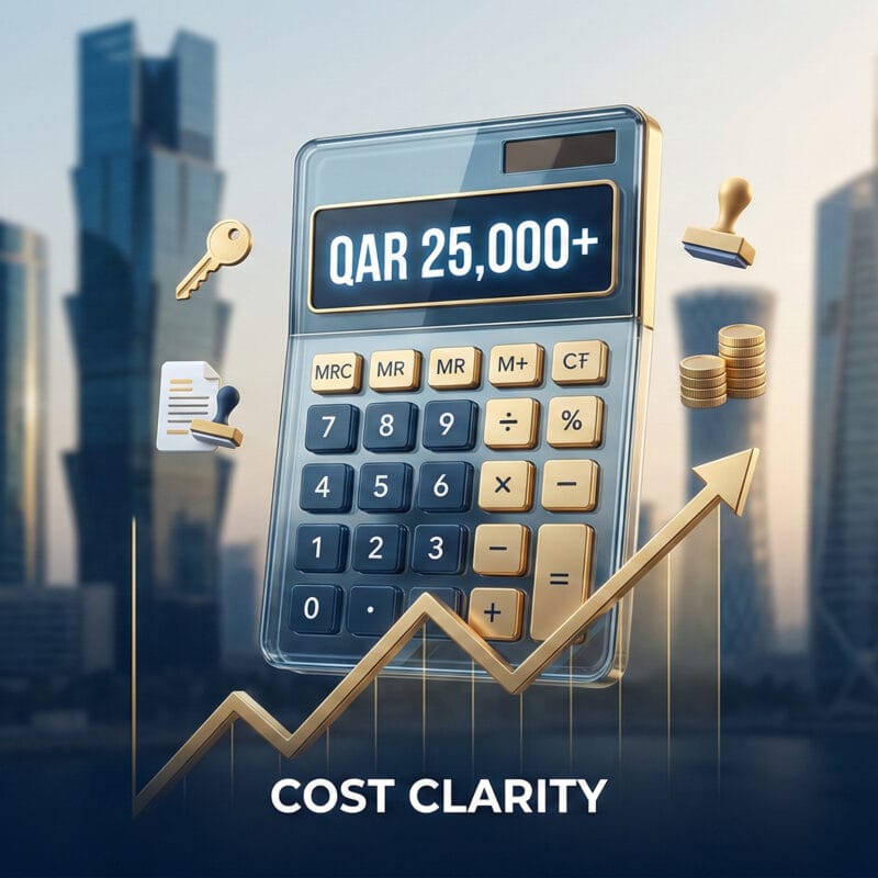 A sophisticated, minimalist corporate infographic showing a floating glass and polished gold calculator set against a subtly blurred sunlit Doha skyline. The calculator screen displays a bold glowing 'QAR 25,000+'. Small 3D icons for a golden key, stamped document, and stacked coins float nearby, and a stylized golden line graph rises with the label 'COST CLARITY'. Deep blue, white, and gold color palette. Photorealistic corporate aesthetic.