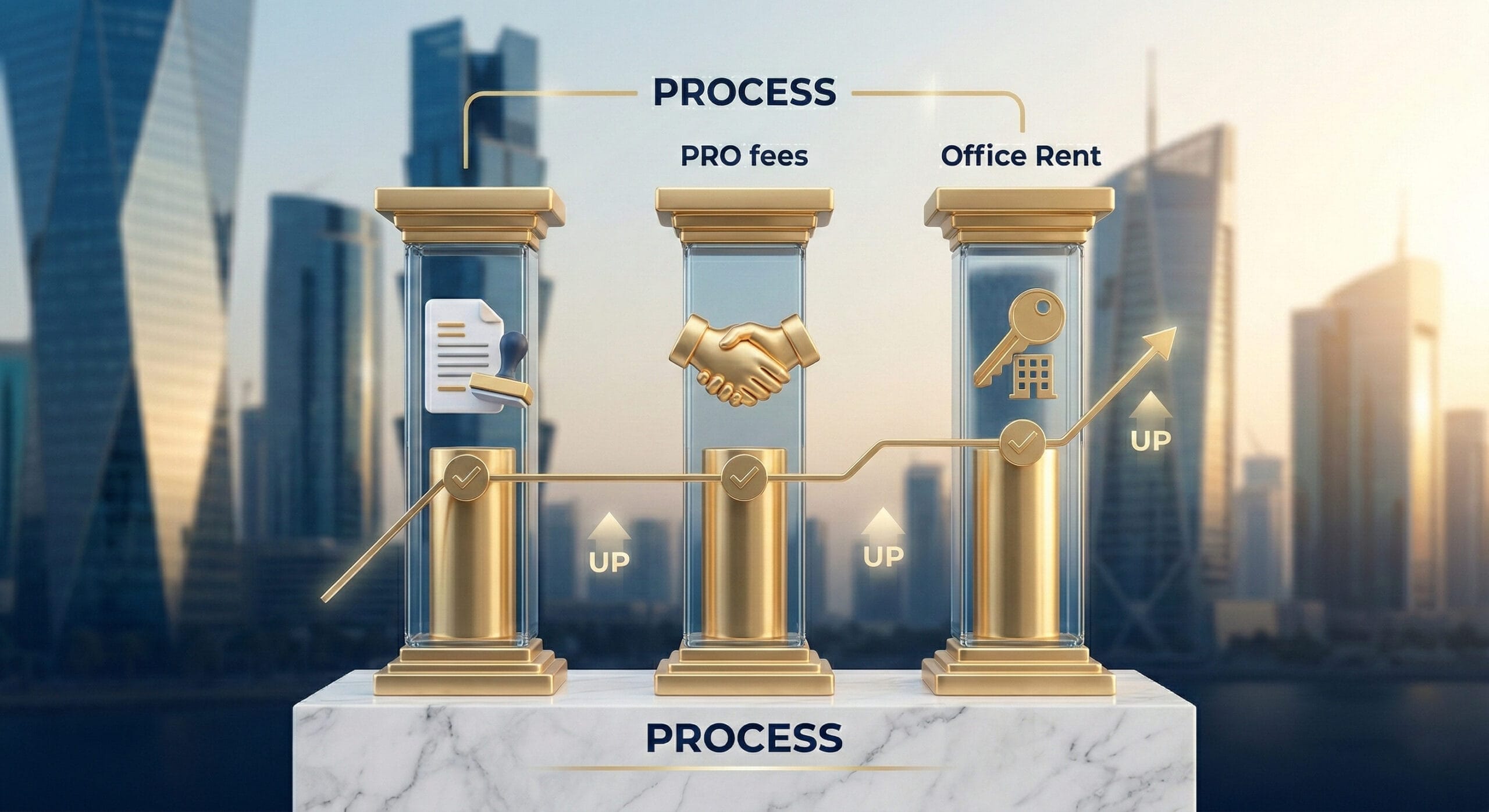A structured, modern corporate infographic illustrating the three main pillars of Qatar business setup costs. Three balanced, distinct polished gold and glass columns rise from a white marble base against a softly blurred Doha cityscape. The first column holds a 3D icon of a stamped government document; the middle column a golden handshake; and the third column a building key. A golden line with subtle checkmarks and arrows connecting the columns indicates a structured 'PROCESS' flow. Corporate blue, white, and gold aesthetic. Soft directional lighting.