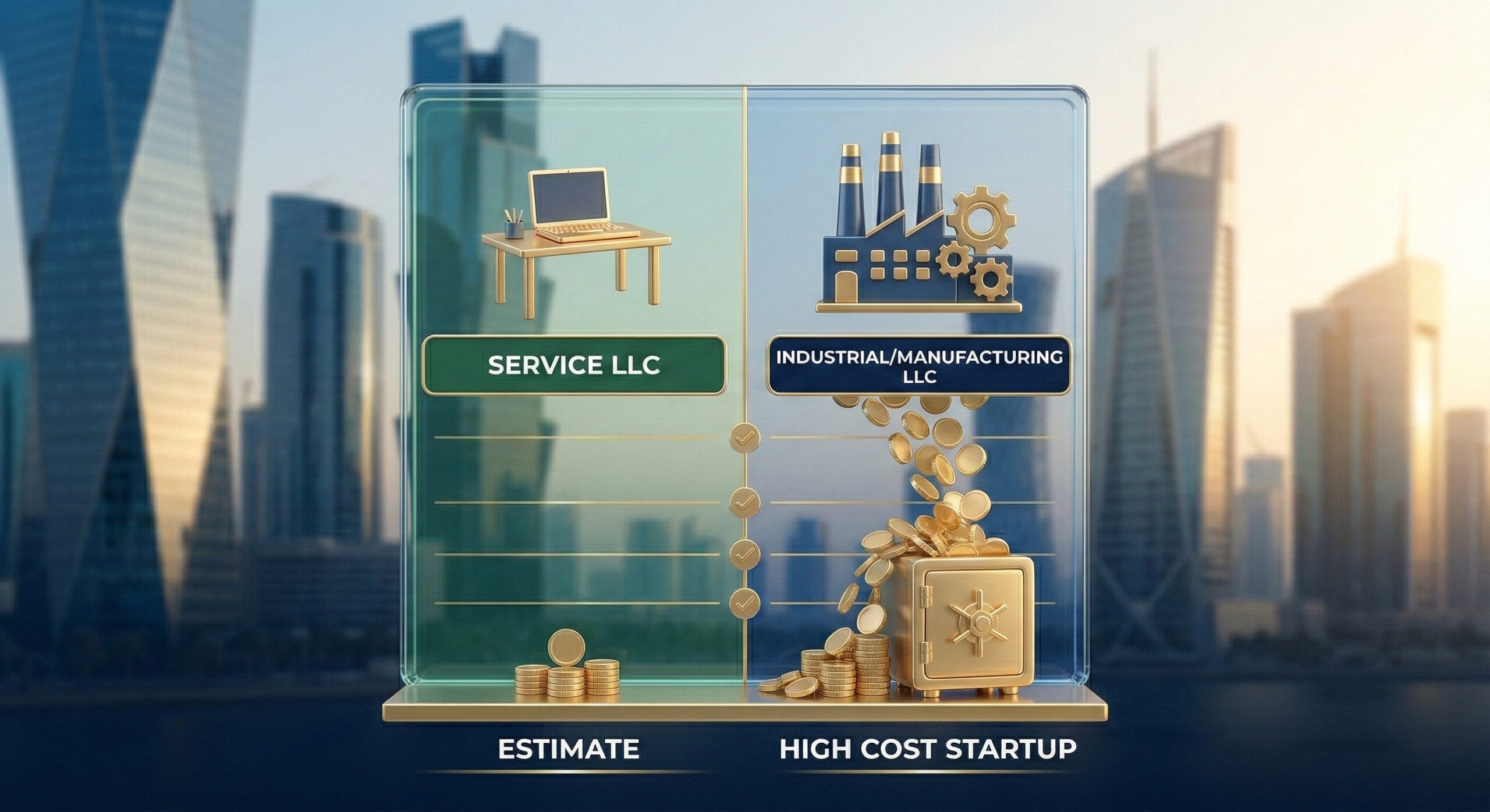A structured, conceptual comparison chart infographic rendered in glass and polished gold, designed within a professional blue, gold, and white aesthetic against a gently blurred Doha cityscape. The vertical data panel is split in two. The left column with subtle green accents shows a 3D laptop icon on a desk with a simple 'SERVICE LLC' label and small coins. The right column with subtle deep blue accents shows a large factory icon labeled 'INDUSTRIAL/MANUFACTURING LLC' and a large stream of golden coins pouring into a huge vault icon, visually indicating 'HIGH COST STARTUP'. Faint golden lines and checkmarks populate both columns. Soft directional lighting.