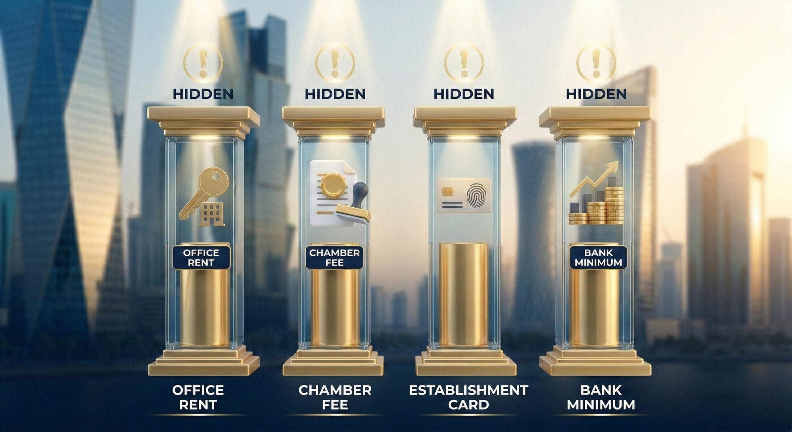 A structured corporate infographic spotlighting hidden business setup costs, arranged as four distinct horizontal columns made of polished gold and glass against a gently blurred Doha cityscape. Illuminated by soft directional golden light, each column features a unique 3D icon and minimal text identifier. From left to right: 'OFFICE RENT' (key icon), 'CHAMBER FEE' (stamped document with a large golden emblem), 'ESTABLISHMENT CARD' (small card with fingerprint icon), and 'BANK MINIMUM' (stacked coin chart with upward arrow). Subtle glowing golden exclamation point icons hover above each spotlighted pillar. Corporate blue, gold, and white palette. Sophisticated photorealistic aesthetic.