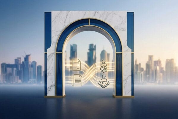 A sophisticated corporate featured image representing expert visa and labor card services in Qatar, showing a marble and deep blue glass archway with gold trim against a softly blurred Doha skyline.