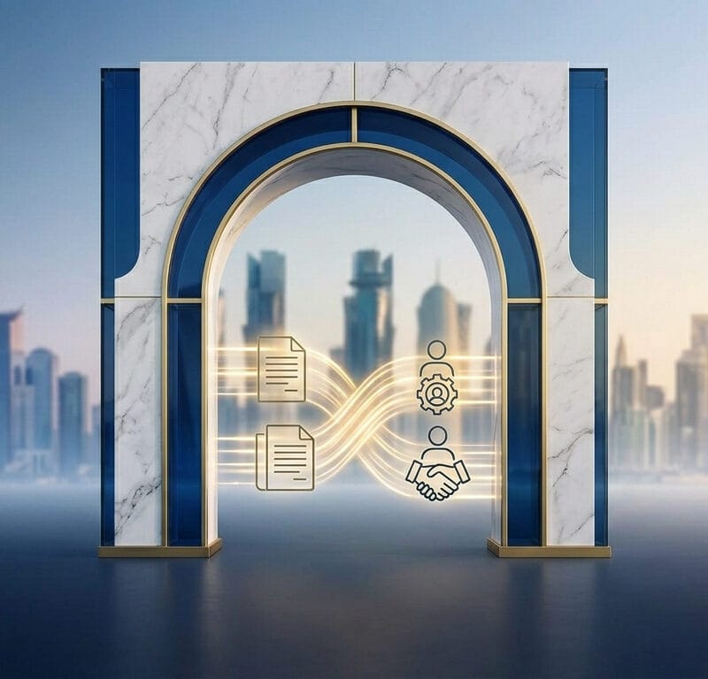 A sophisticated corporate featured image representing expert visa and labor card services in Qatar, showing a marble and deep blue glass archway with gold trim against a softly blurred Doha skyline.