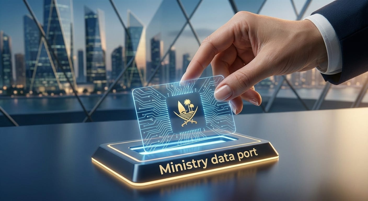 A photorealistic close-up of a professional consultant's hand carefully placing a sleek, transparent digital card with glowing blue circuitry and a gold dhow emblem into a Ministry data port. Soft, focused lighting highlights the precise interaction.