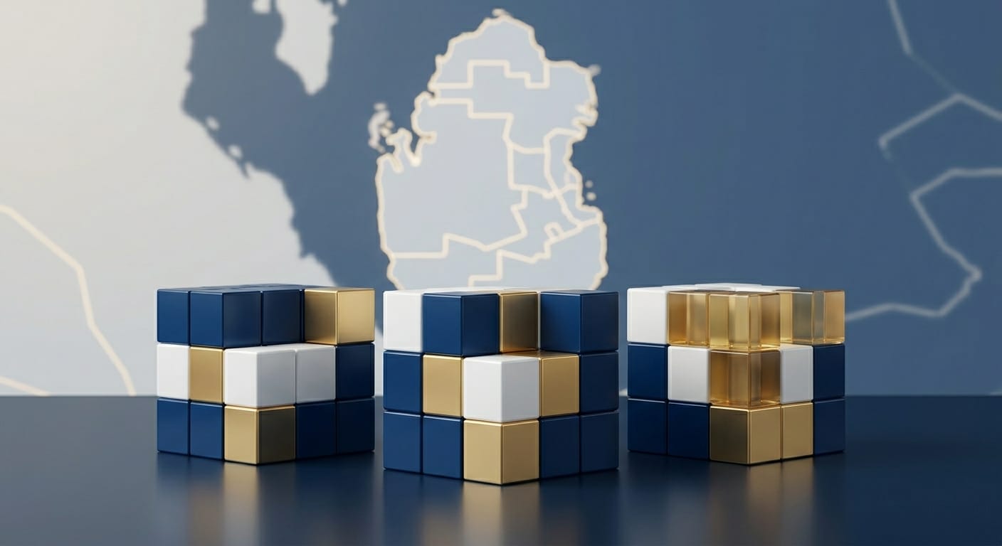 A minimalistic abstract corporate infographic visualization of interlocking geometric blocks made of deep blue, white, and gold glass cubes arranged in structured block formations. A gently blurred abstract map of Qatar is delineate behind, symbolizing organized visa allocation (Nationality, Gender, Profession).