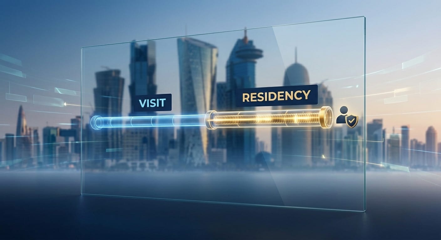A sophisticated abstract infographic visualization on a translucent glass panel. The pipeline evolves from a low-resolution glowing blue line labeled 'VISIT' into a high-detail pulsing golden line labeled 'RESIDENCY', set against a gently blurred Doha skyline at dusk with futuristic geometric towers.
