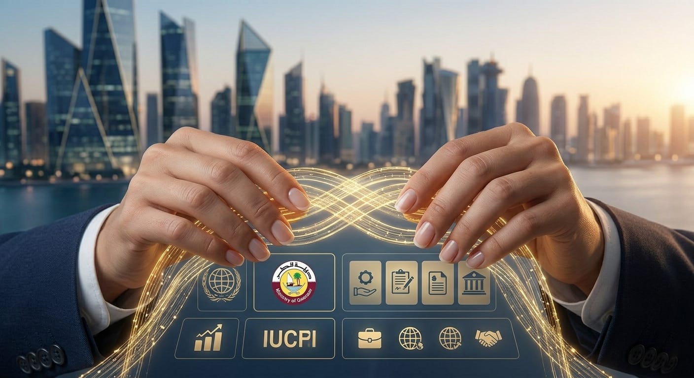 A photorealistic close-up of a professional consultant's hands weaving together interlocking glowing gold data streams to form a metaphorical safety net structure over visual Ministry and office icons. A softly blurred, sophisticated Doha West Bay skyline featuring geometric glass towers at dawn is in the background.