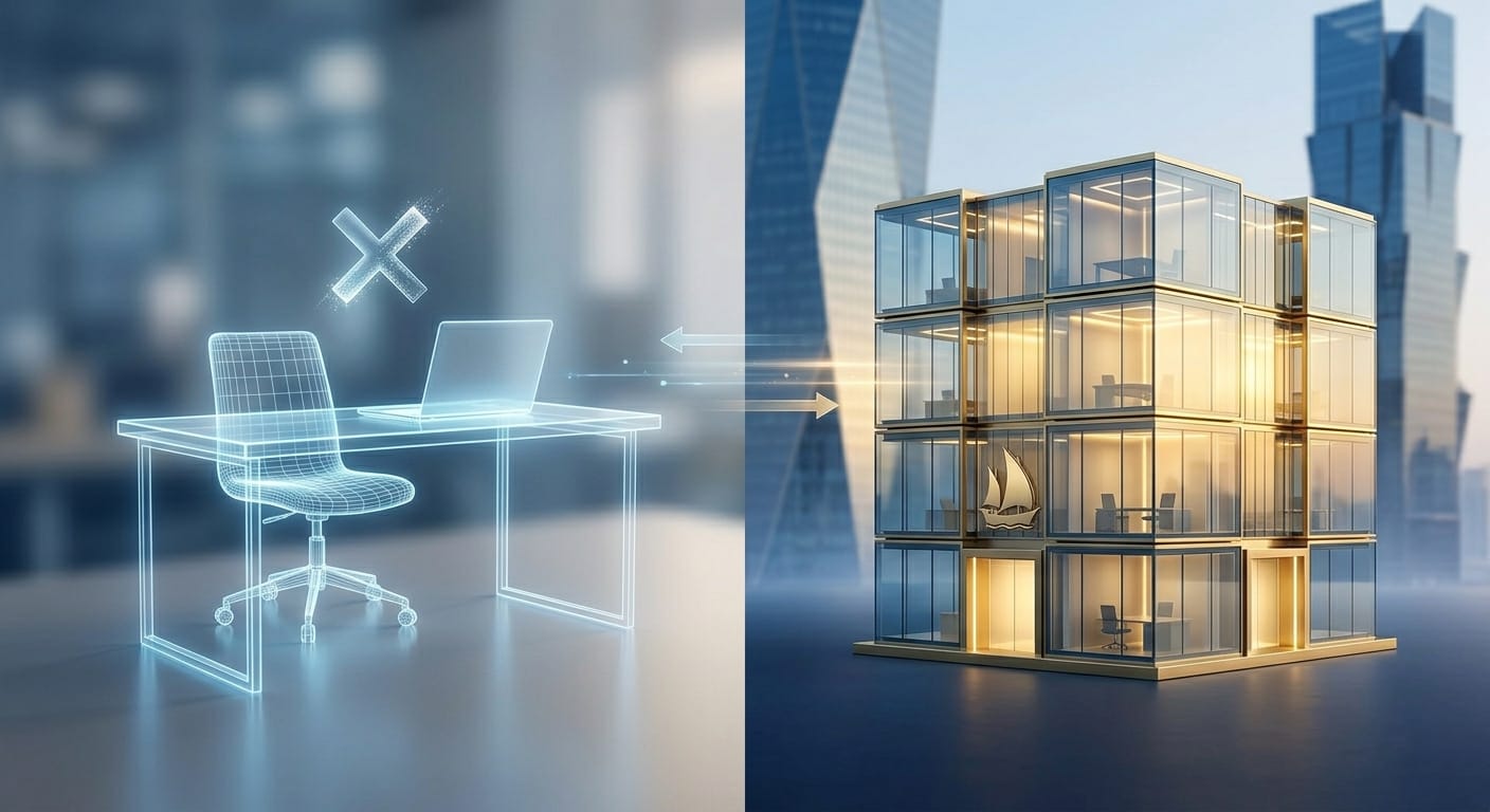 A modern geometric split visualization infographic illustrating the physical office versus virtual office contrast. The left half shows a glowing cool-blue translucent wireframe of a minimalist desk, chair, and laptop with a shimmering 'X' mark over it, set against a blurry background. The right half shows a solid, polished glass and gold modular office building structure radiating warm golden light, with a small dhow icon integrated into the facade, set against a simple geometric tower background. Soft directional light conveys contrast.