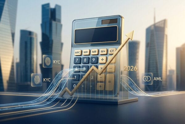 A minimalist corporate featured image of a transparent geometric calculator with a rising golden line chart, set in front of a subtly blurred Doha skyline. Glowing automated data streams for 'KYC' (fingerprint) and 'AML' (interlocking rings) flow into the calculator, with a '2026' number integrated into the chart. Soft directional dawn lighting.