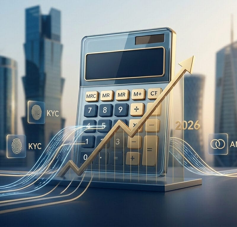 A minimalist corporate featured image of a transparent geometric calculator with a rising golden line chart, set in front of a subtly blurred Doha skyline. Glowing automated data streams for 'KYC' (fingerprint) and 'AML' (interlocking rings) flow into the calculator, with a '2026' number integrated into the chart. Soft directional dawn lighting.