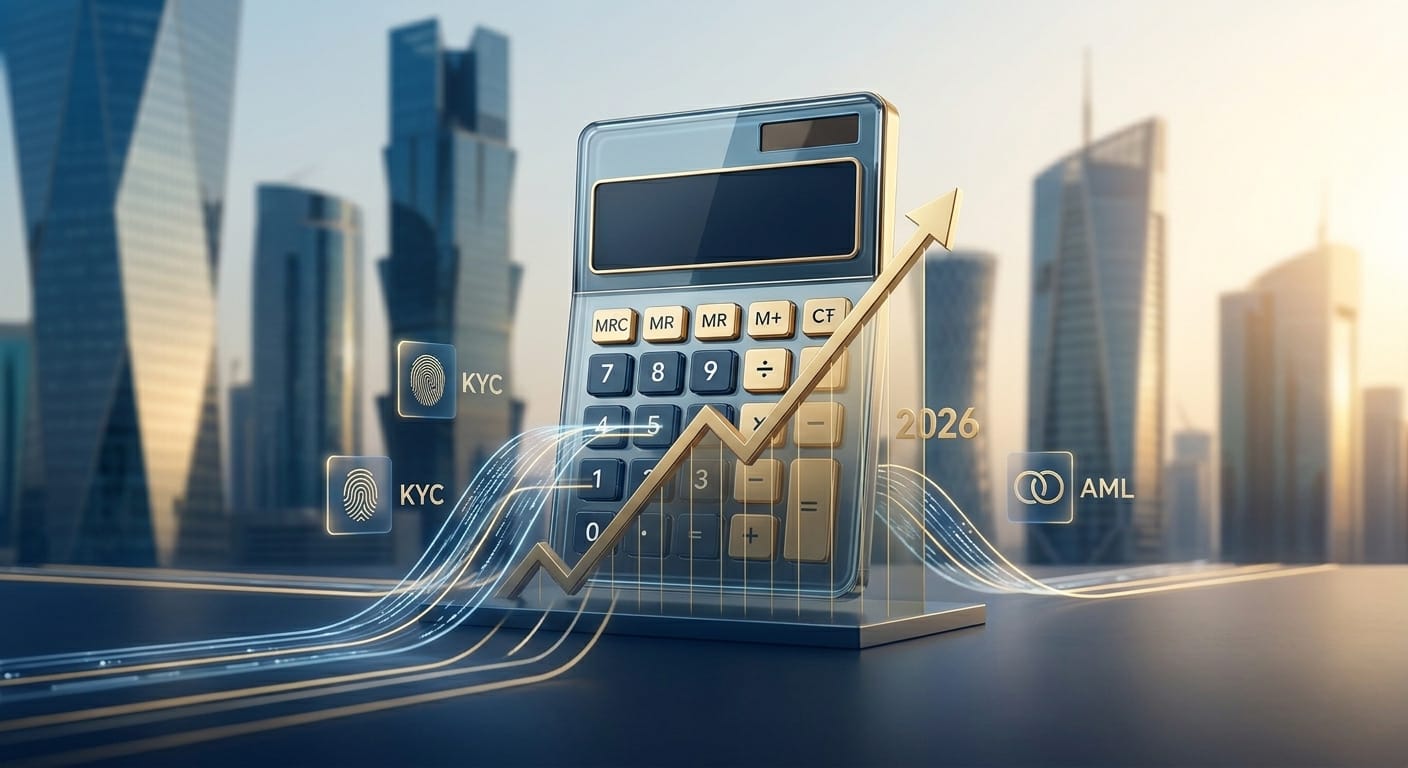 A minimalist corporate featured image of a transparent geometric calculator with a rising golden line chart, set in front of a subtly blurred Doha skyline. Glowing automated data streams for 'KYC' (fingerprint) and 'AML' (interlocking rings) flow into the calculator, with a '2026' number integrated into the chart. Soft directional dawn lighting.