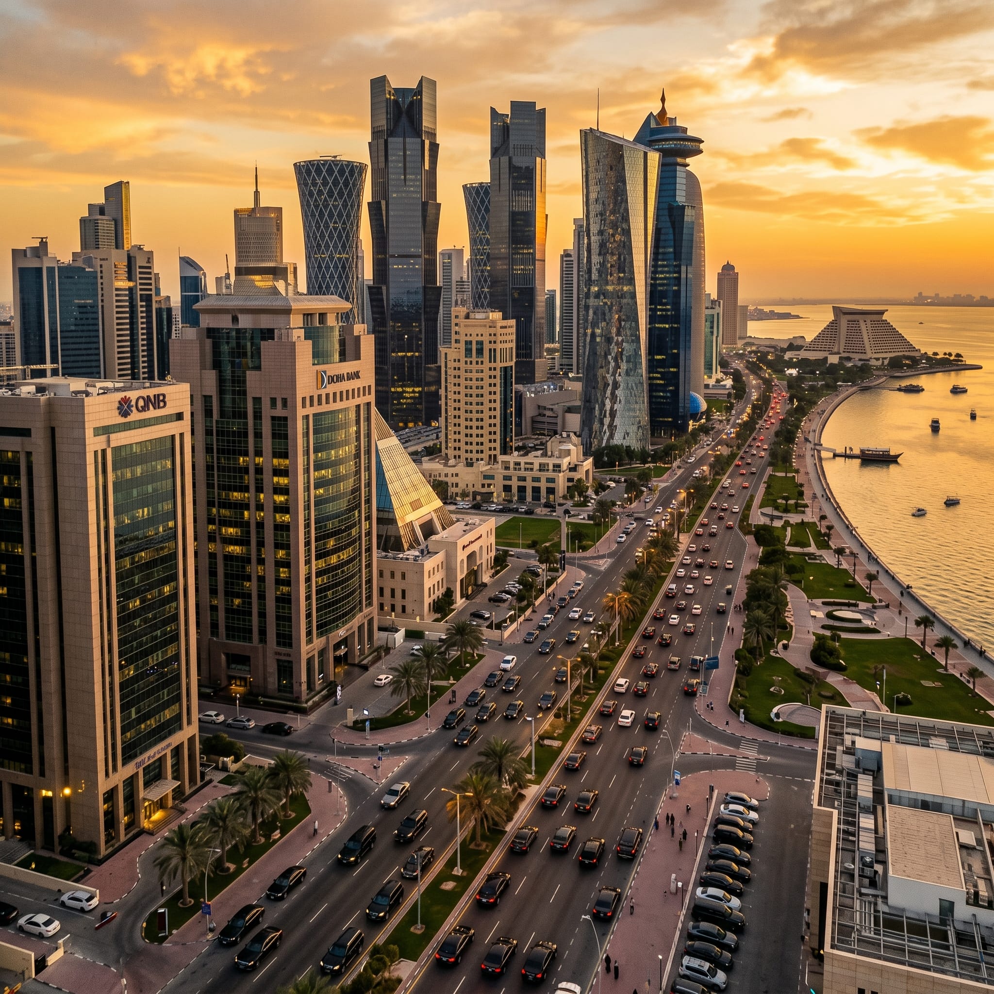 A dynamic aerial view of a state-of-the-art logistics hub and free trade zone in Qatar, showing a modern seaport, shipping containers, and warehouses in bright daylight.