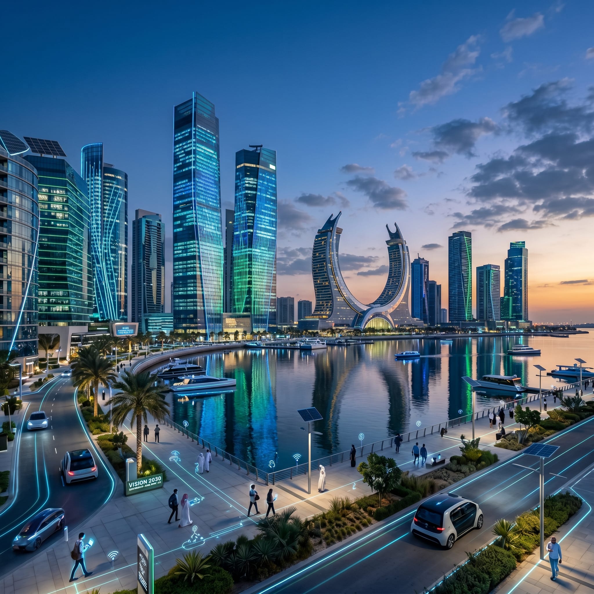 A photorealistic twilight cityscape of ultra-modern glass towers with blue smart-city lighting, representing the high-tech infrastructure available for a business setup in Lusail, Qatar.