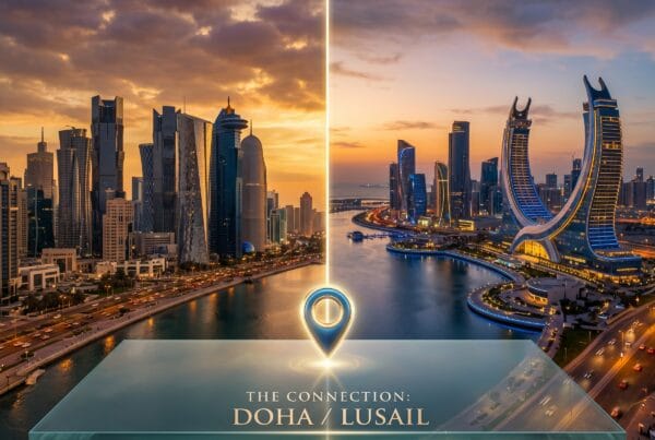 A cinematic golden hour view comparing the futuristic architecture for a business setup in Lusail against the traditional corporate towers of West Bay Doha.
