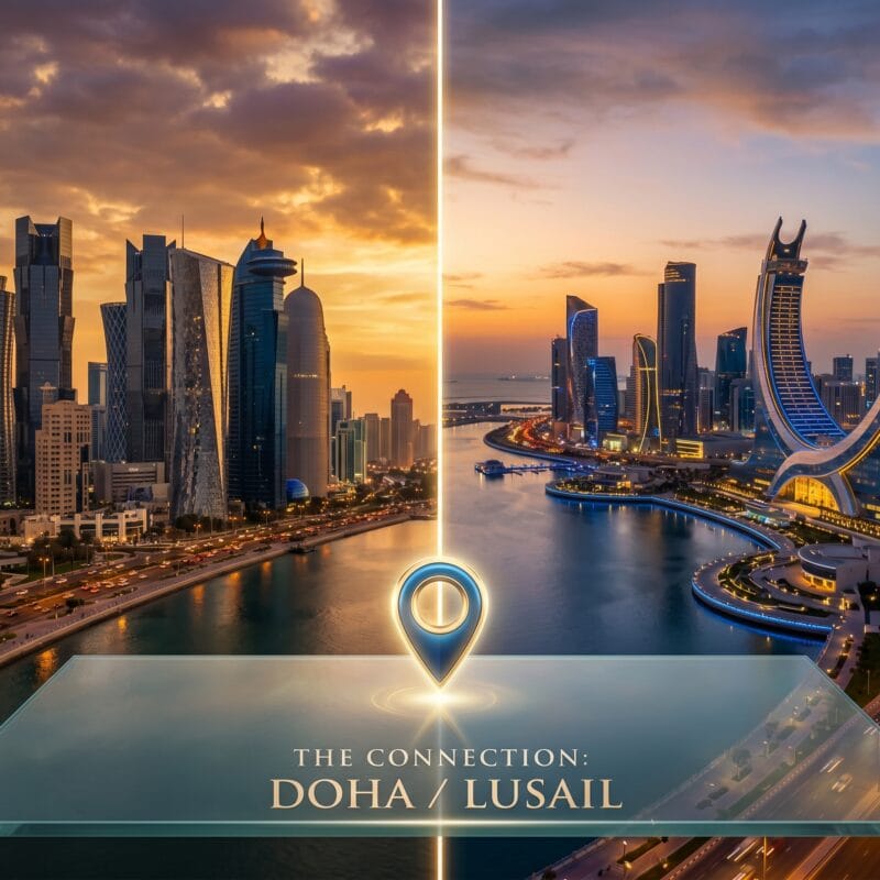 A cinematic golden hour view comparing the futuristic architecture for a business setup in Lusail against the traditional corporate towers of West Bay Doha.