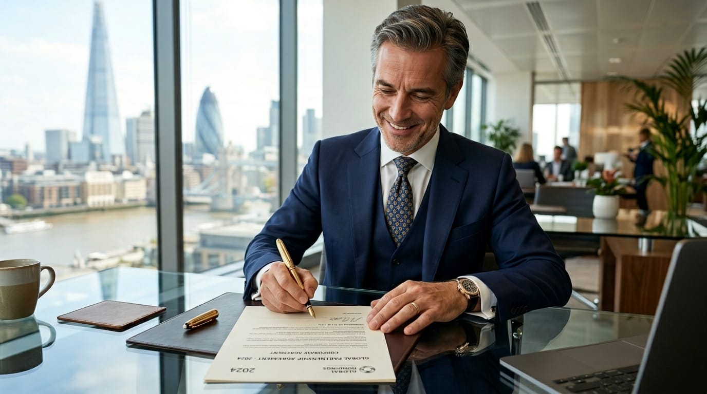 International business executive signing company ownership documents in Qatar.