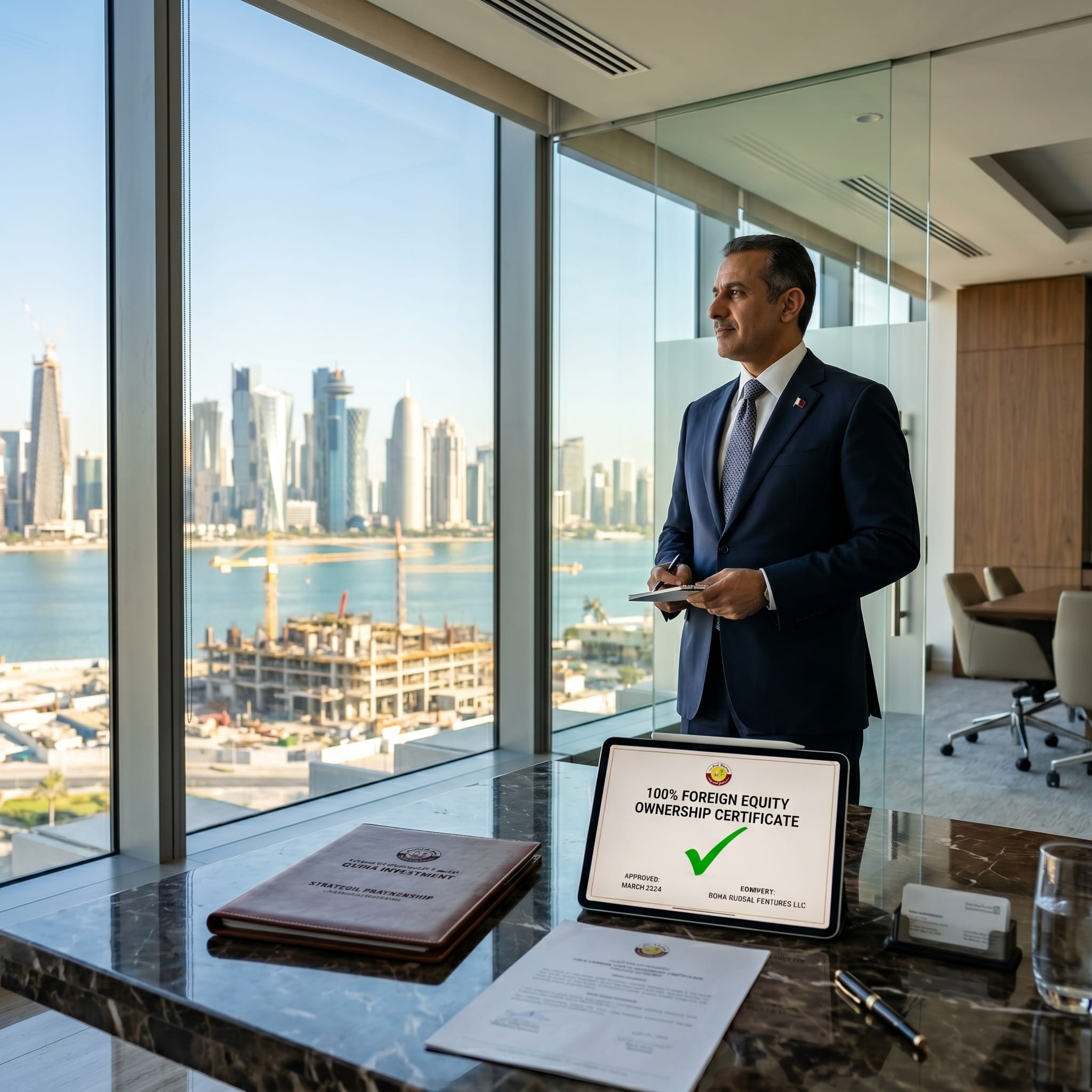 Success and financial control in Qatar: An international investor in a modern Doha office finalizing 100% foreign ownership for their contracting company.
