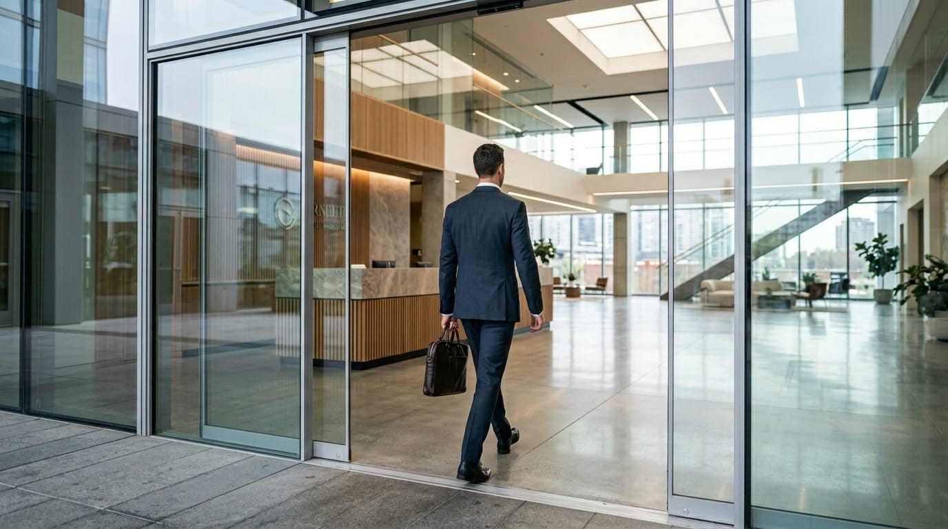 Entrepreneur walking confidently into a modern office, representing independent business setup without a local sponsor in Qatar.