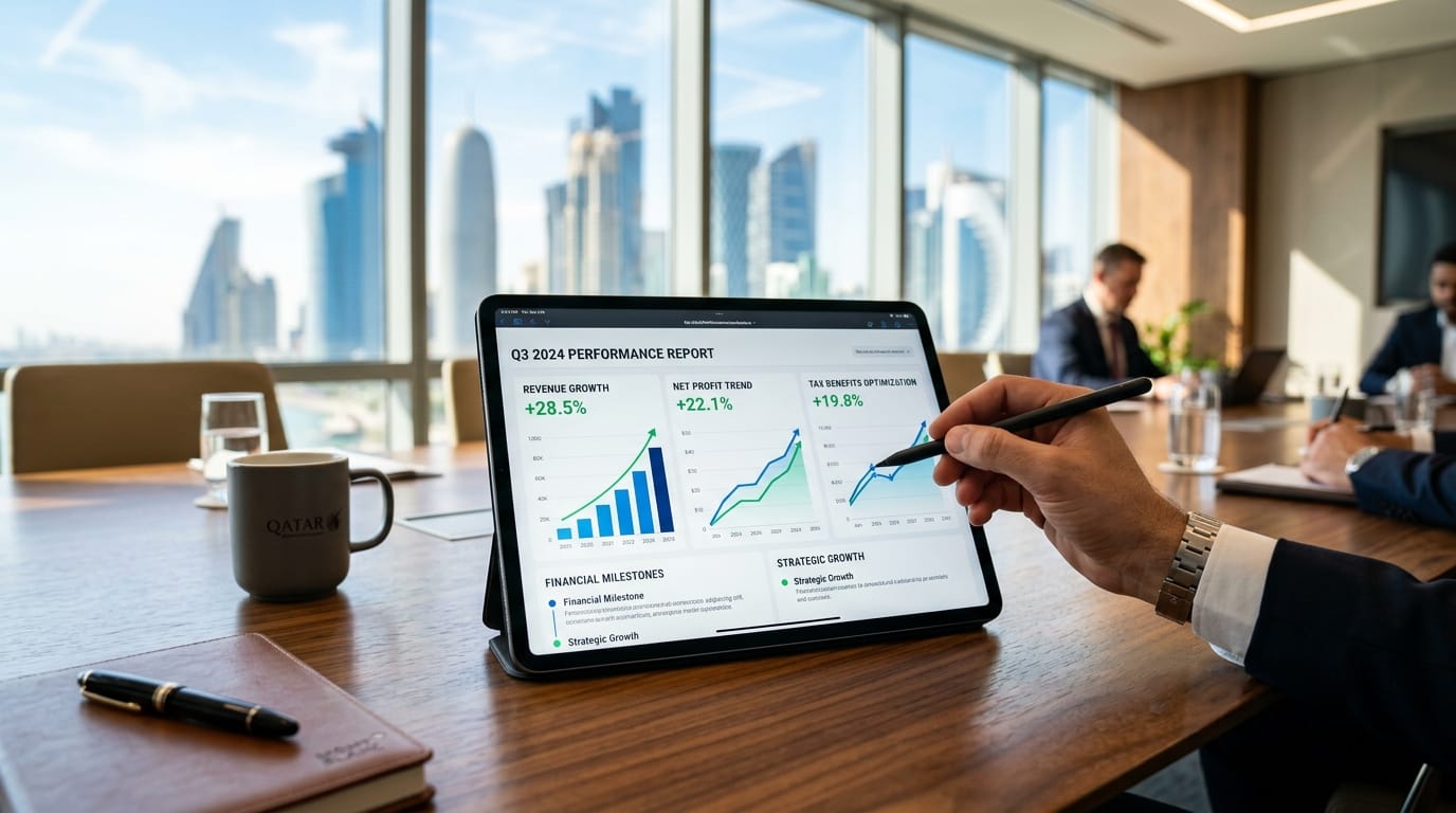 Upward trending financial charts on a tablet, highlighting the attractive corporate tax environment for businesses in Qatar.
