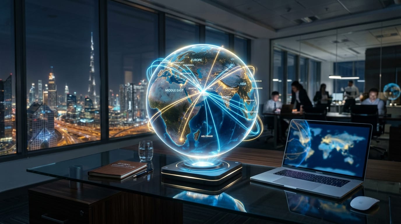 Glowing globe with digital network lines connecting Qatar to global markets in Europe and Asia.