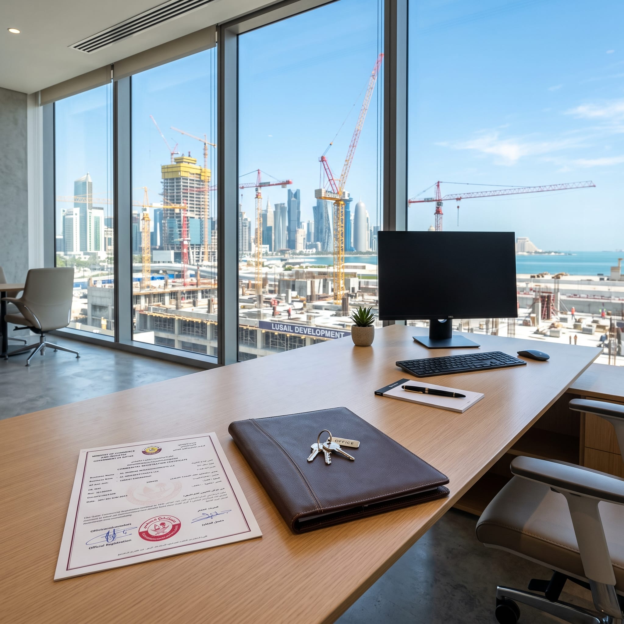 Commercial registration certificate and keys on a modern office desk representing Aspire Trading and Contracting successful setup in Qatar.