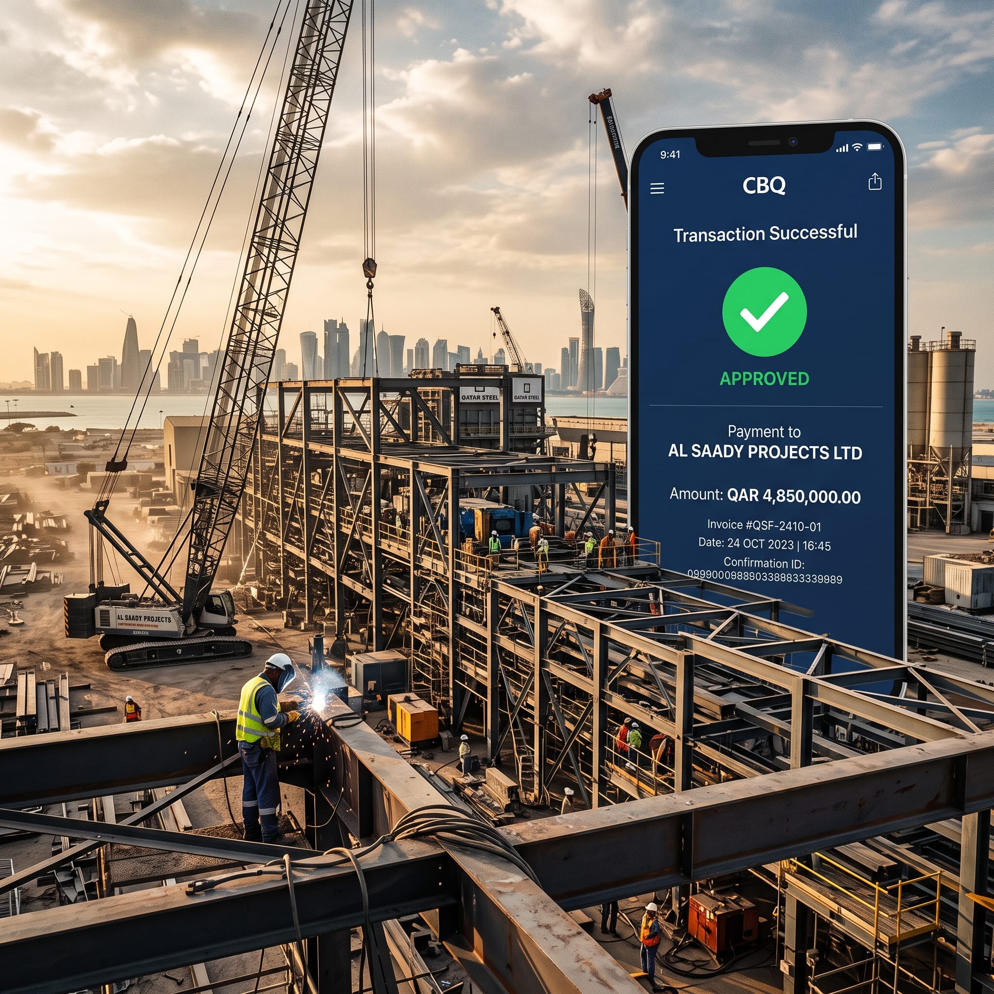 Industrial industrial steel structures and digital banking icons representing Metallora Trading successful incorporation in Qatar.